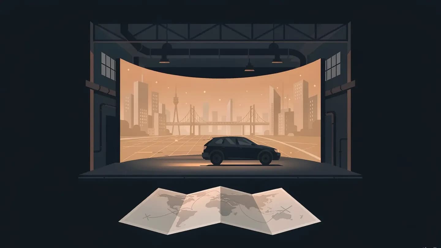 Editorial illustration of a warehouse studio with a glowing LED wall, a car filmed against a digital city and a map with crossed-out flights on dark navy